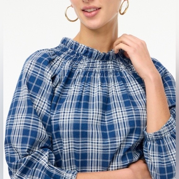 J Crew Plaid Smocked Ruffleneck Top Ansley Blue Wash Ballon 3/4 Sleeve High Neck - Picture 1 of 16
